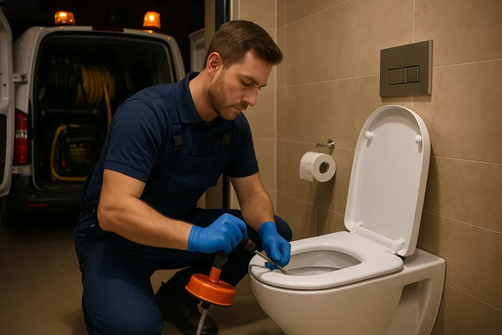 Loodgieter ontstopt toilet met handmatige veermachine