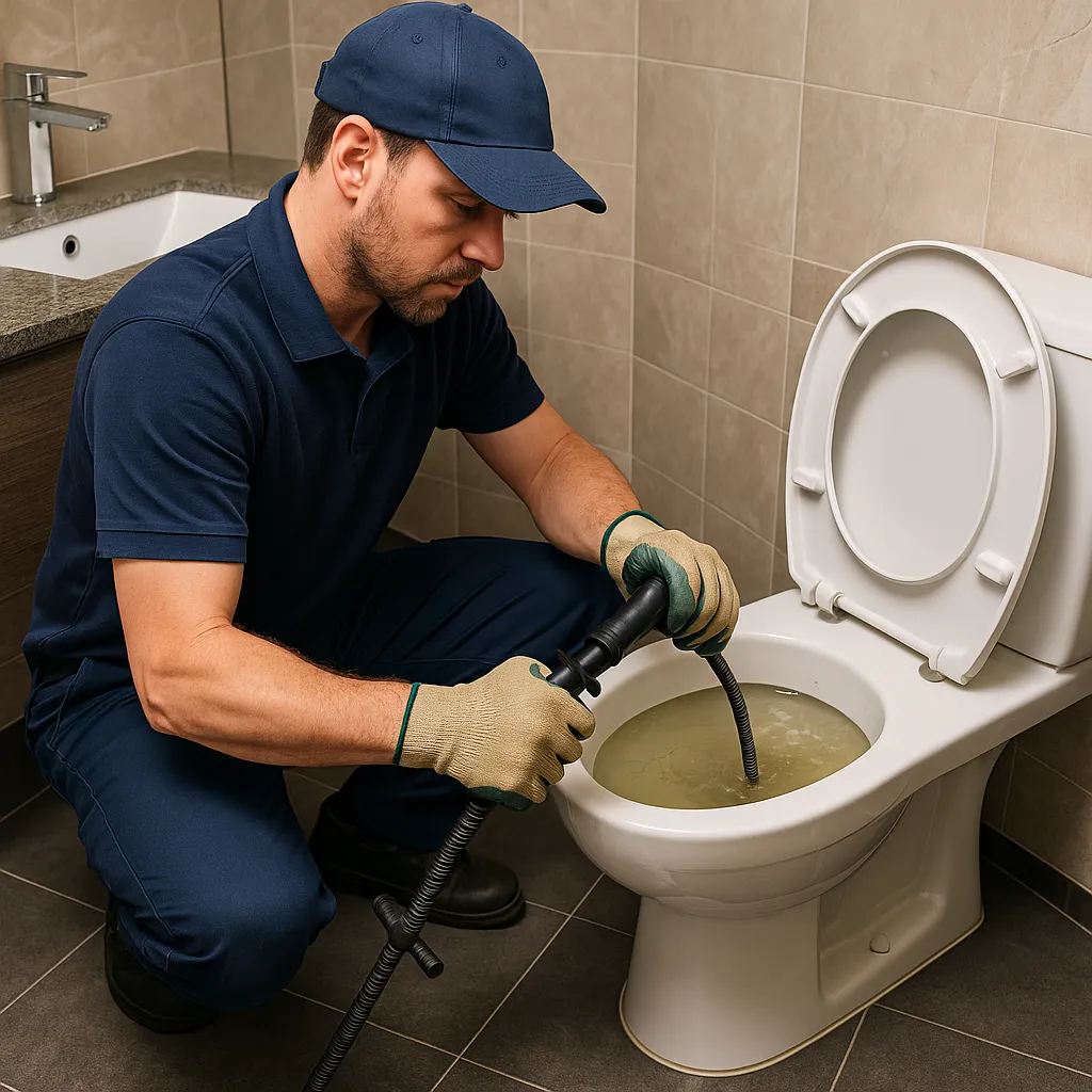 Loodgieter ontstopt toilet met veer in moderne badkamer