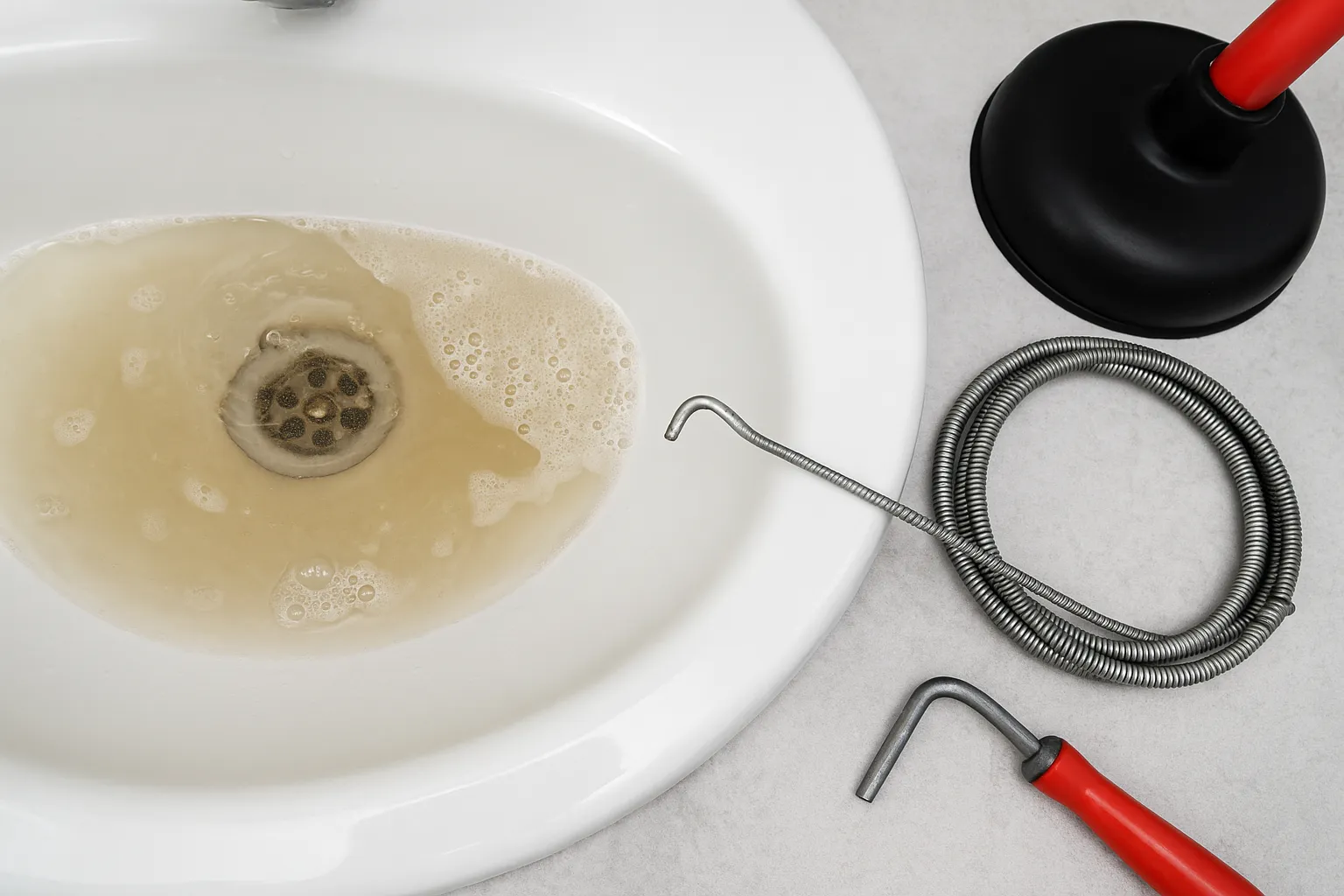 Wit keramisch wasbak met troebel water en ontstoppingsgereedschap ernaast
