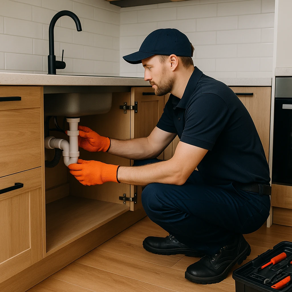 Monteur controleert sifon in ingebouwde keuken met houtlook kasten