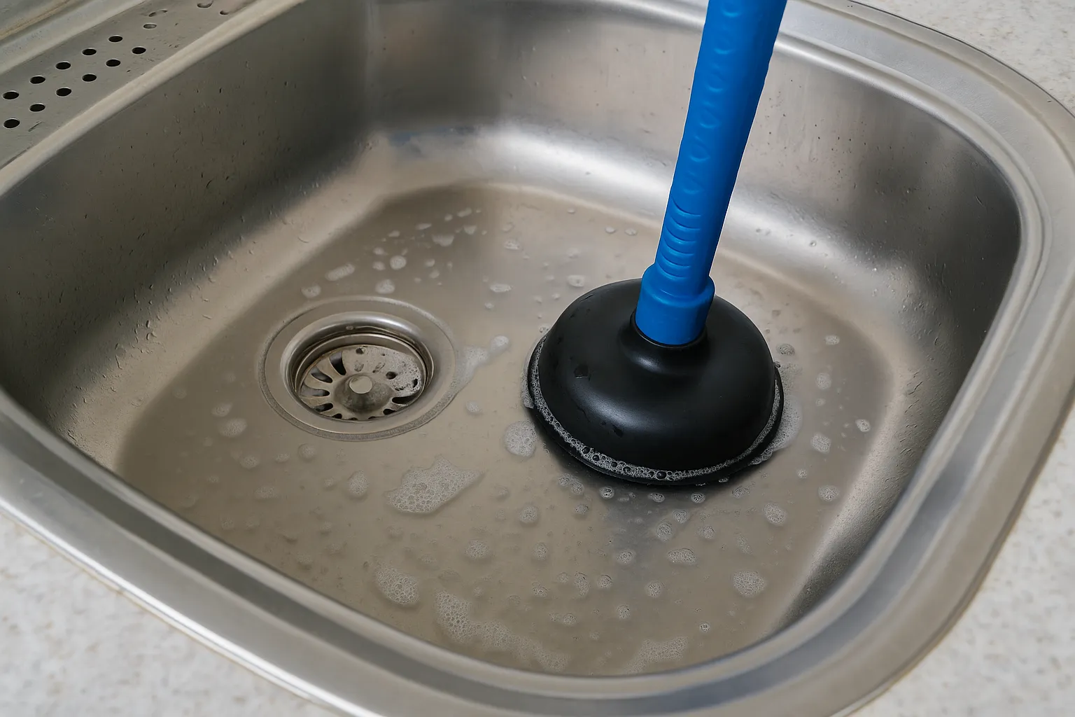 Verstopte gootsteen met ontstopper en zeepwater in roestvrijstalen spoelbak