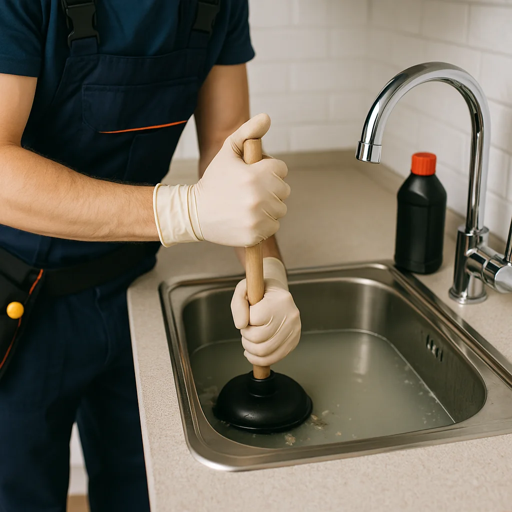 Monteur gebruikt een zwarte ontstopper om een verstopte gootsteen te verhelpen in een moderne keuken.