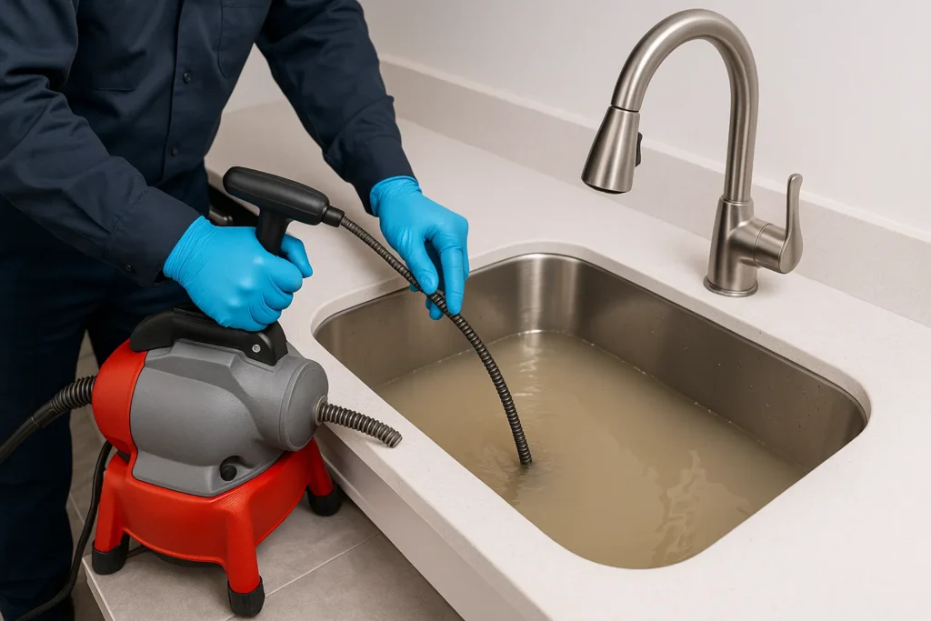 Loodgieter met machine ontstopt verstopte gootsteen met vuil water