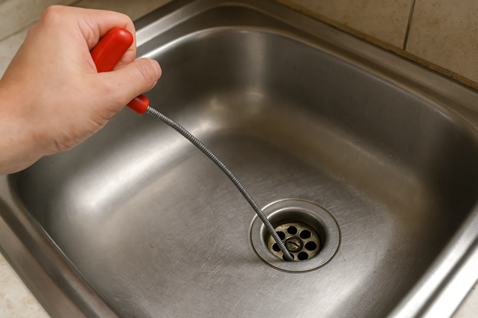 Hand gebruikt ontstoppingsveer in roestvrijstalen spoelbak