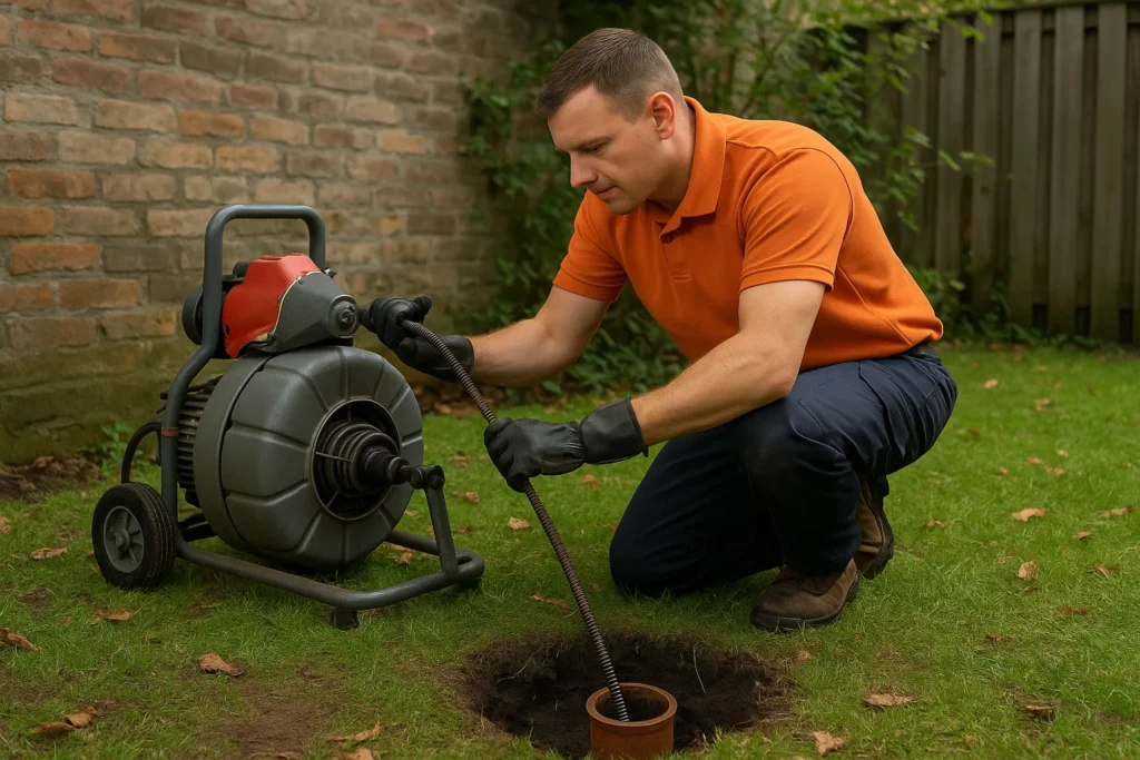 Ontstopper gebruikt veermachine in tuin bij open rioolaansluiting