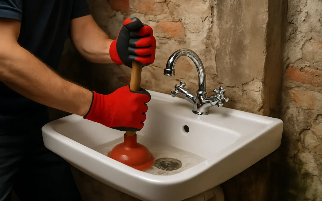 Loodgieter met rode handschoenen gebruikt plopper op wastafel tegen ruwe muur.