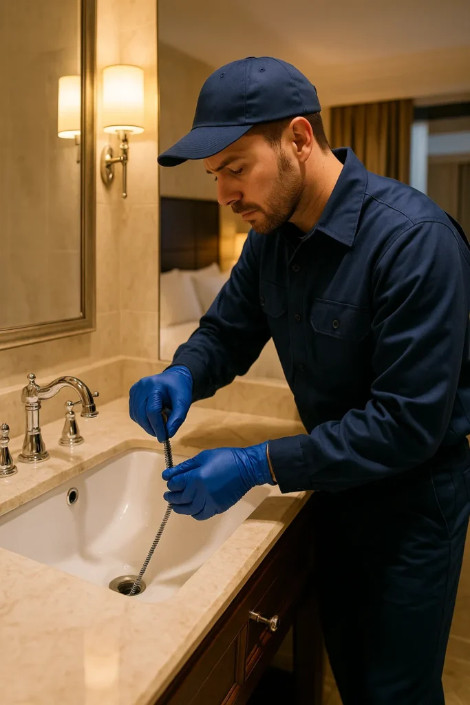 Loodgieter gebruikt een veer om een wasbak in een hotel te ontstoppen