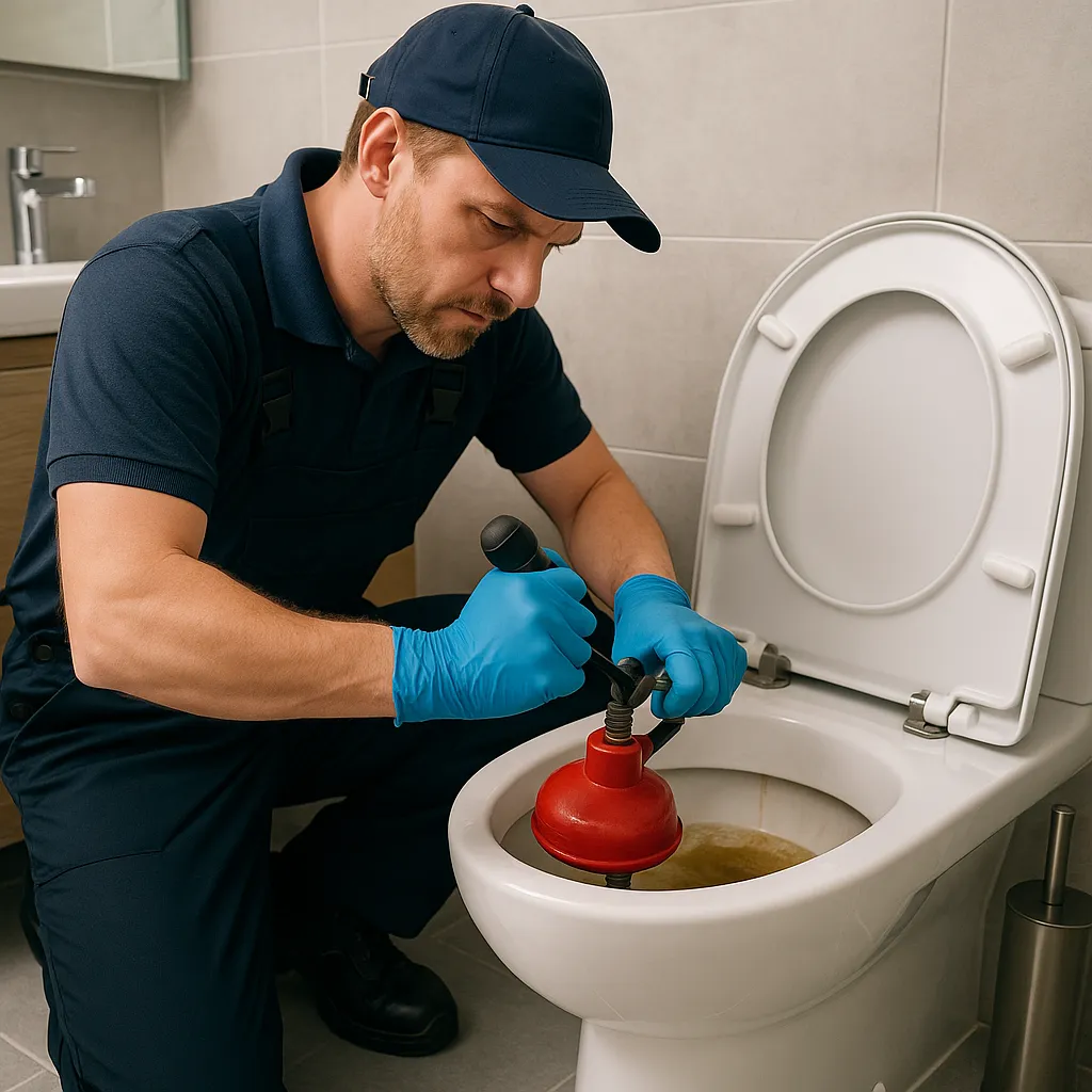 Loodgieter ontstopt toilet met veer in moderne badkamer met houten wastafel