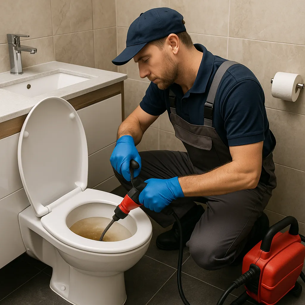 Loodgieter ontstopt toilet met professioneel gereedschap