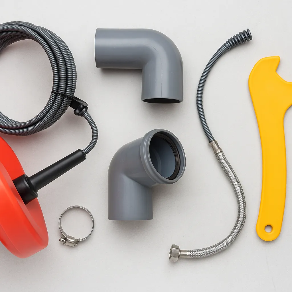 Loodgietersgereedschap en onderdelen voor afvoerreparatie