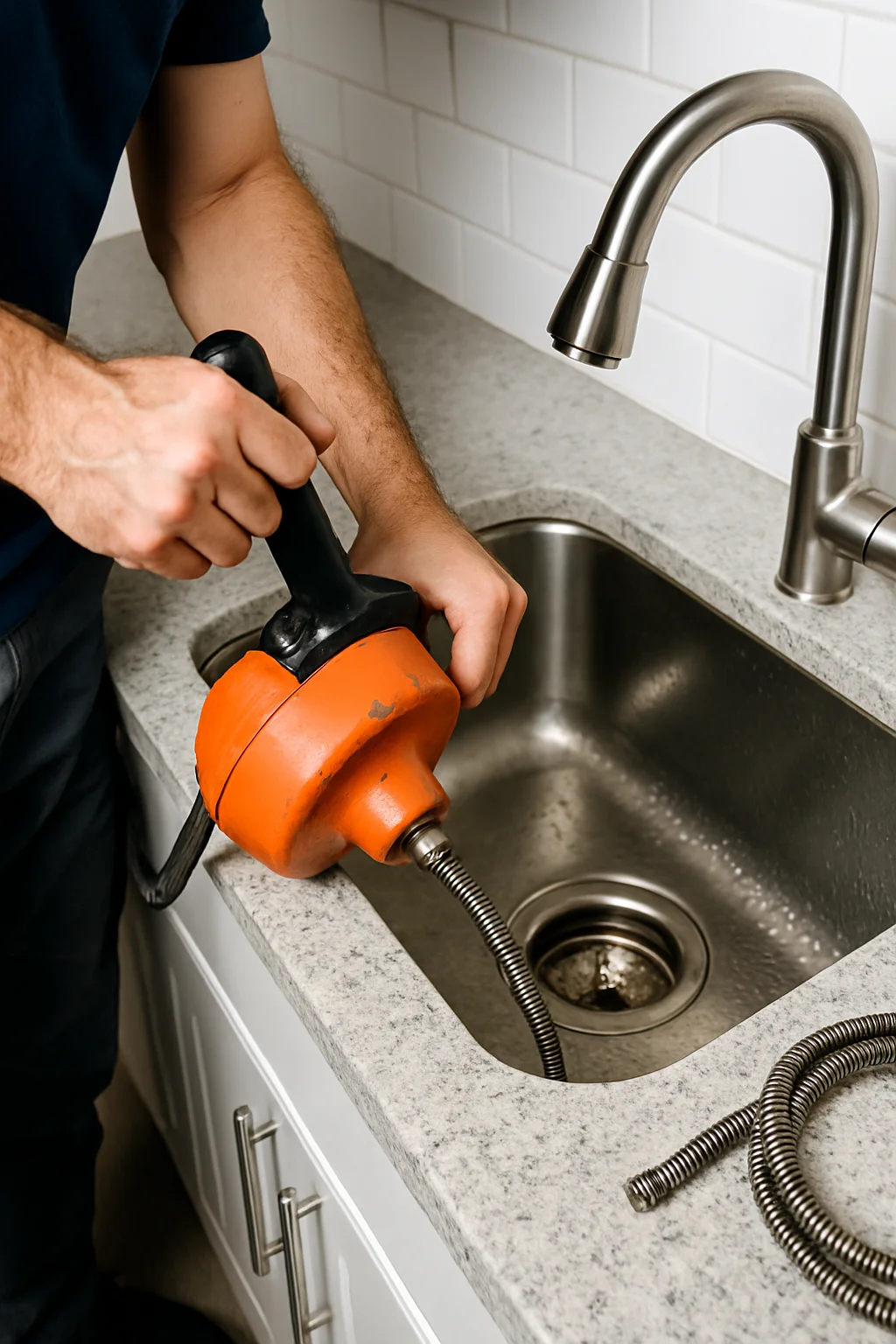 Vakman ontstopte gootsteen met handmatige veermachine in moderne keuken