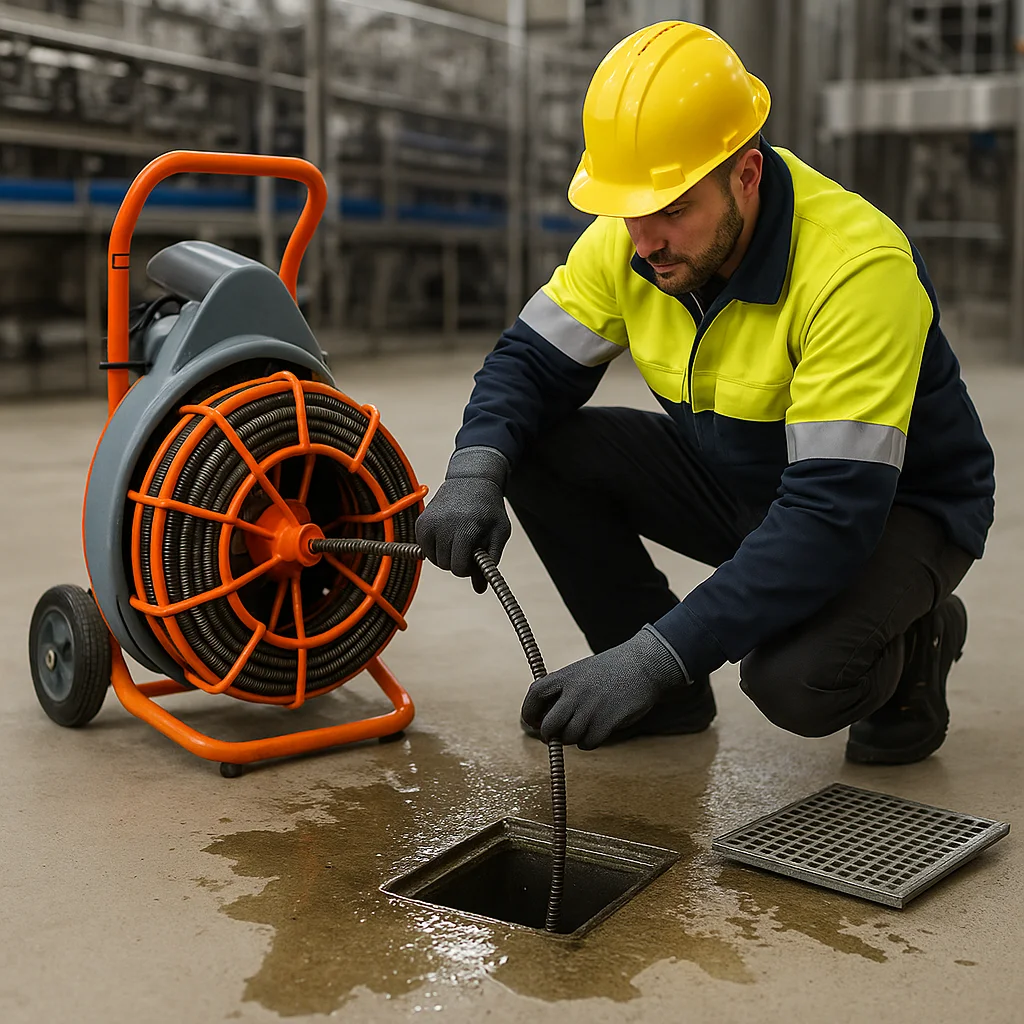 Bedrijfsafvoer wordt ontstopt door professionele monteur met industriële apparatuur