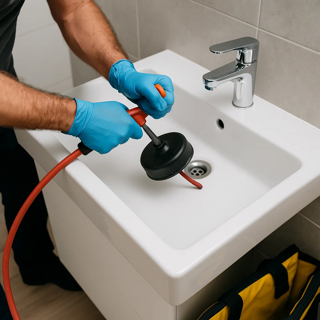Monteur ontstopt wastafel met professionele rioolveer en blauwe handschoenen