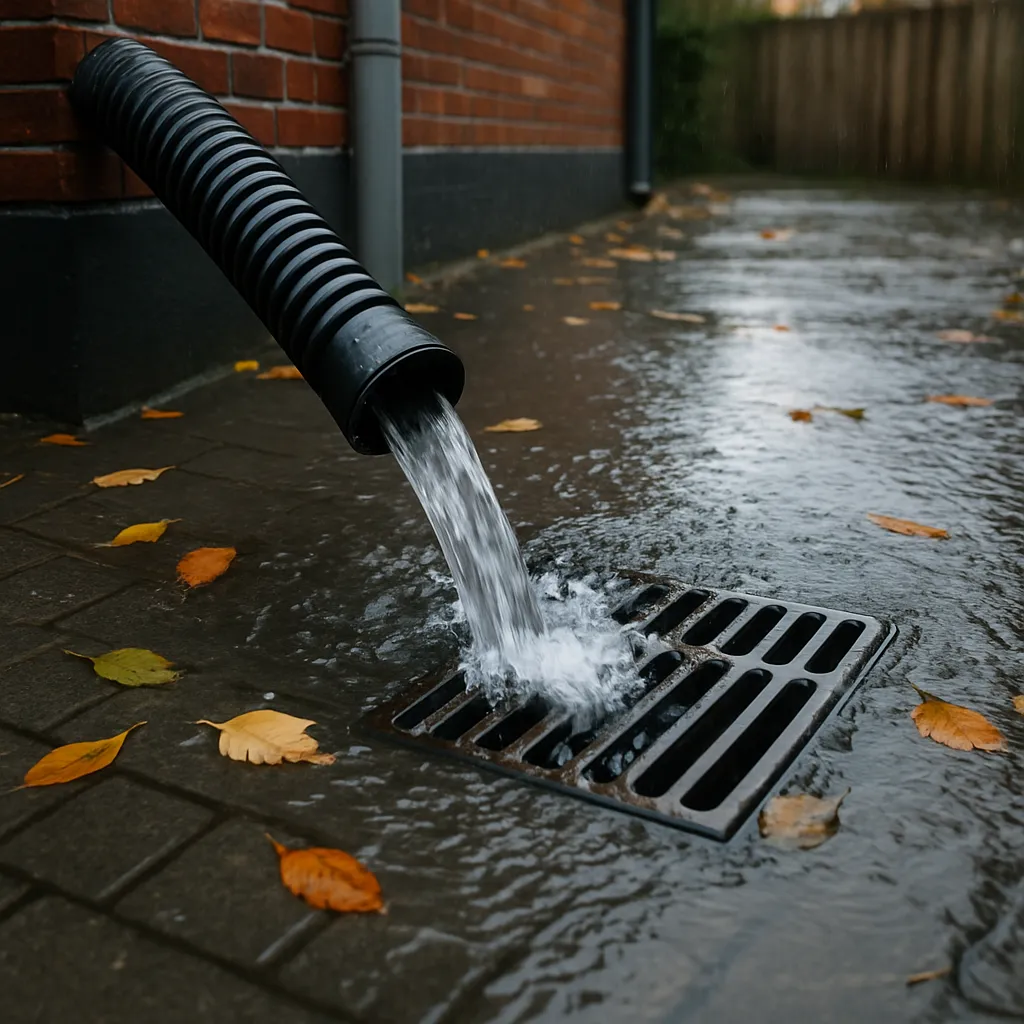 Close-up van een verstopte afvoer tijdens regenval met waterophoping