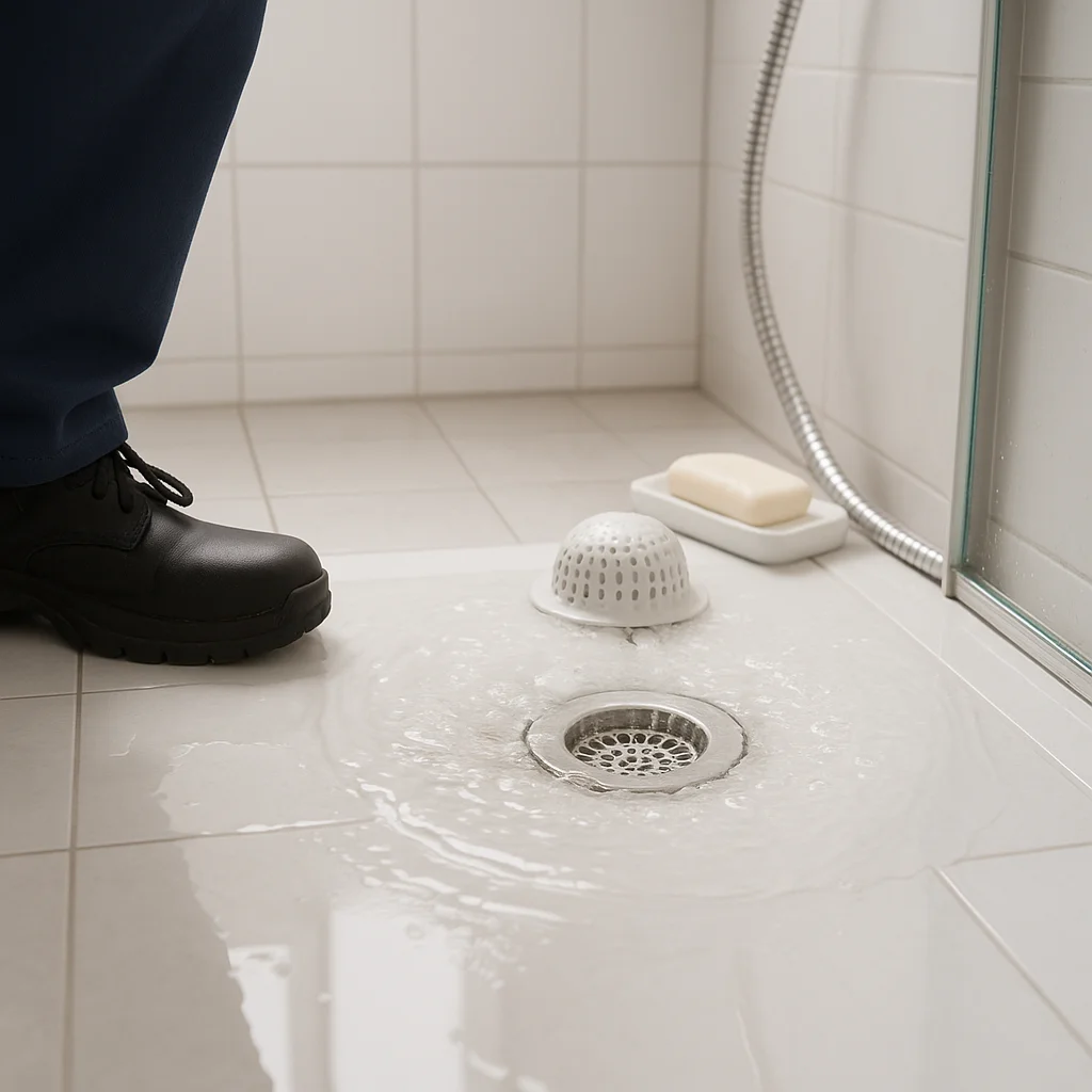 Monteur ontstopt verstopte doucheafvoer met veer op natte badkamervloer