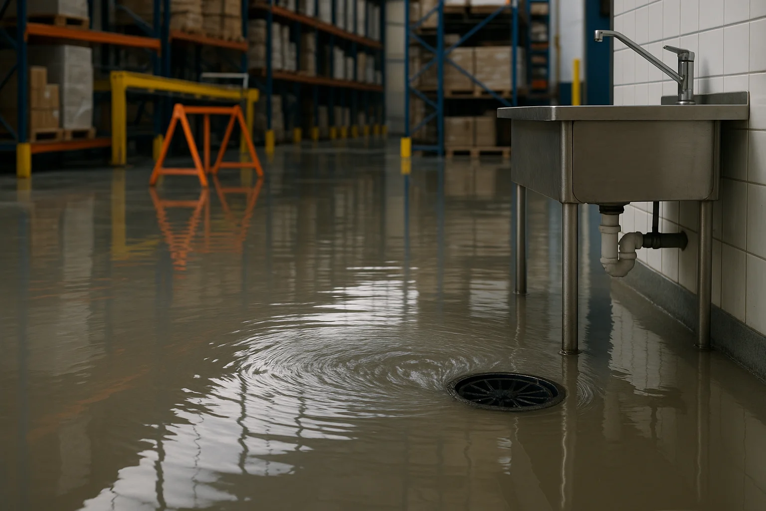 Industriële ruimte met wateroverlast door afvoer verstopt