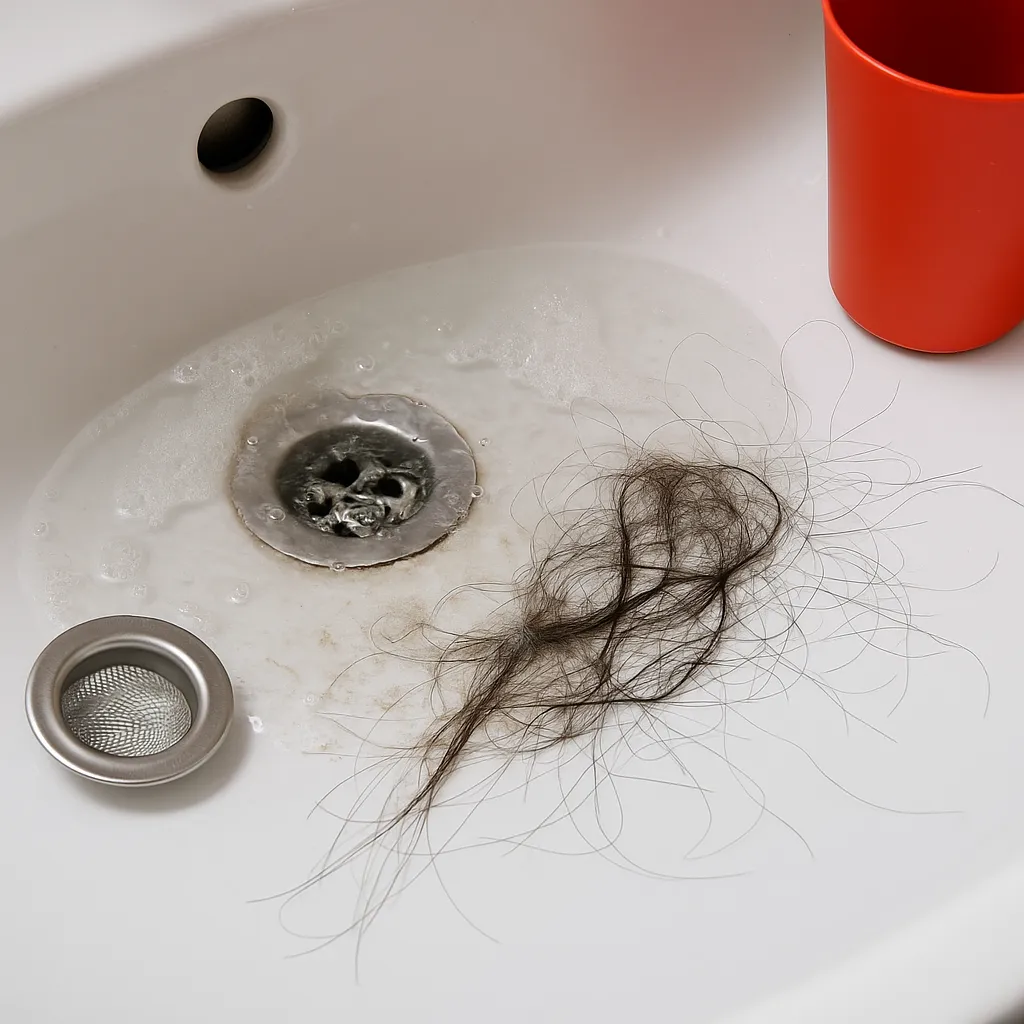 Wastafel met plopper en zichtbaar haar rond afvoer verstopt