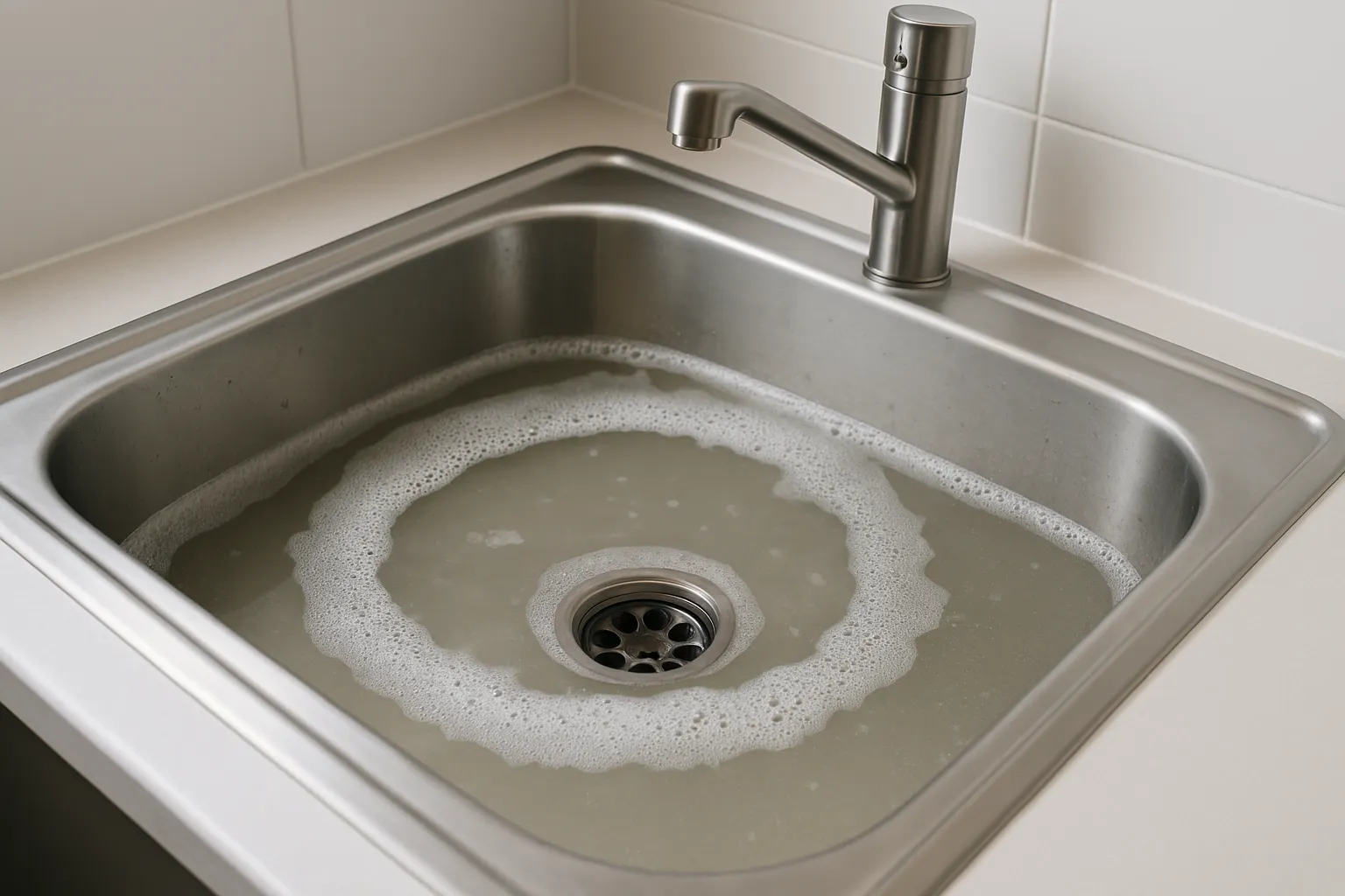 RVS-keukengootsteen met stilstaand troebel water en schuimlaag