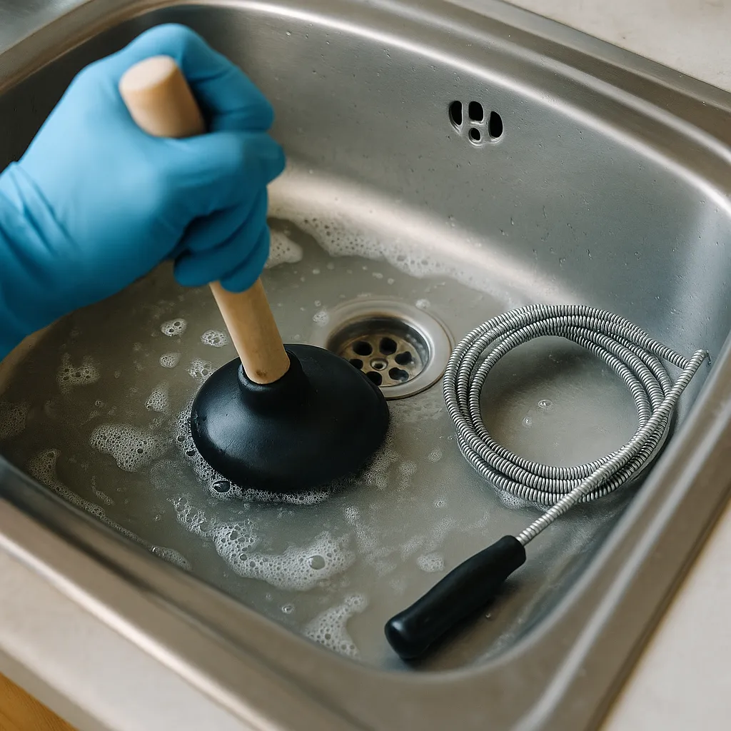 Verstopte gootsteen met sop en ontstopper, een latex handschoen duwt op de plopper naast een rioolveer.