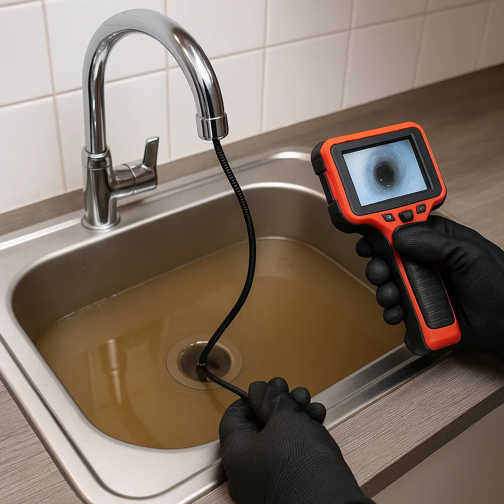 Loodgieter inspecteert verstopte gootsteen met flexibele rioolcamera en handheld monitor