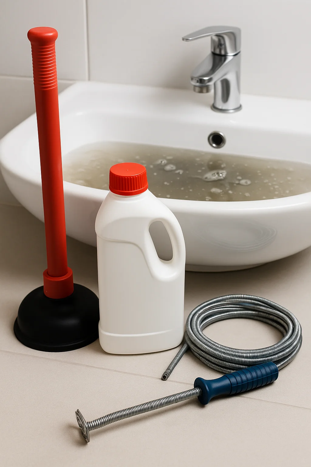 Handmatige, chemische en mechanische ontstopper bij verstopte wastafel