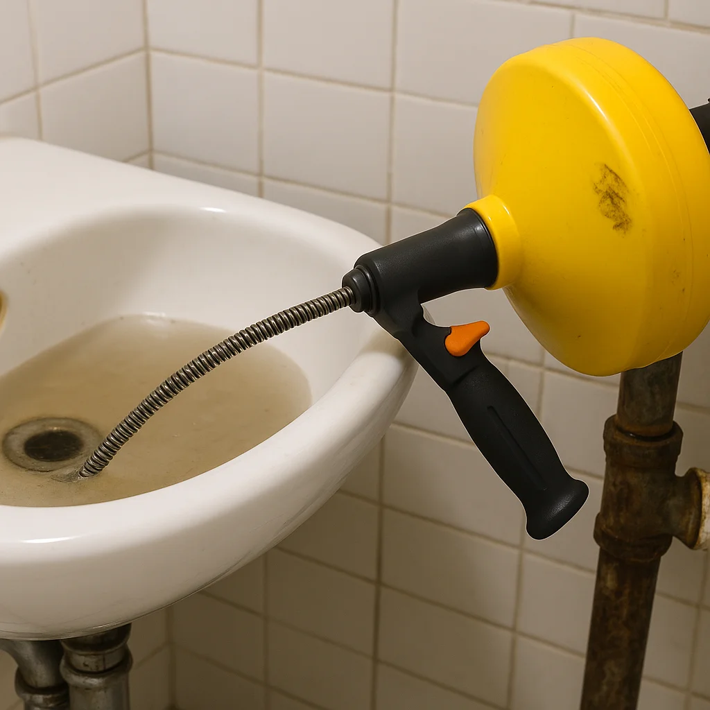 Ontstoppingsveer in actie bij een verstopte oude wastafel