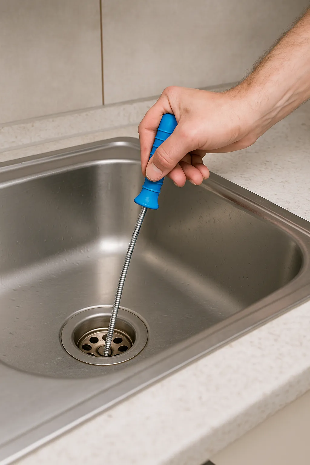 Hand gebruikt ontstoppingsveer in gootsteen