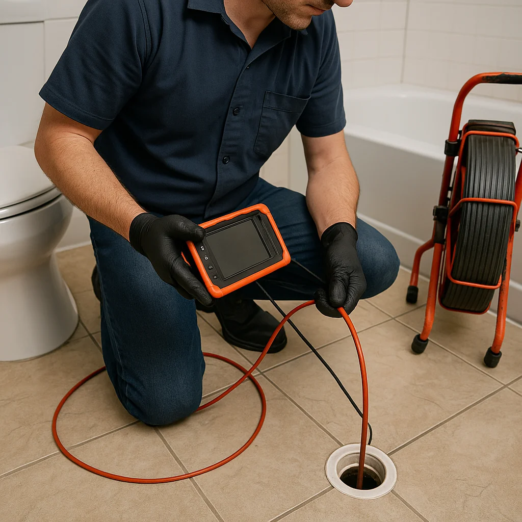 Loodgieter onderzoekt een badkamerafvoer met een rioolcamera en bekijkt de livebeelden op een handheld monitor.