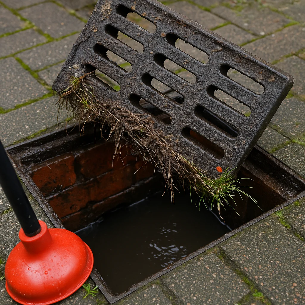 Wortelgroei blokkeert een open rioolbuis in een buitenomgeving.