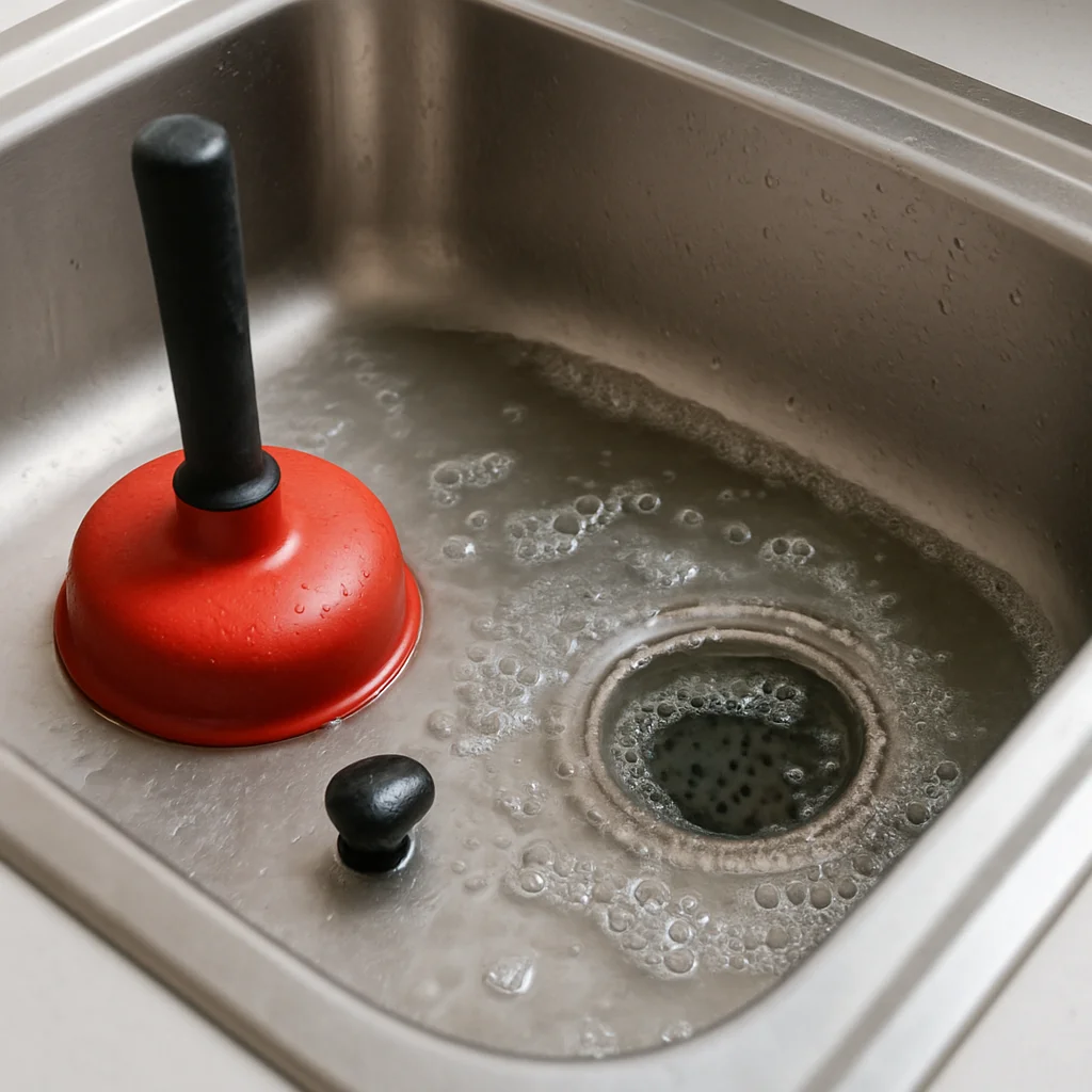 Verstopte gootsteen met stilstaand water en rode ontstopper