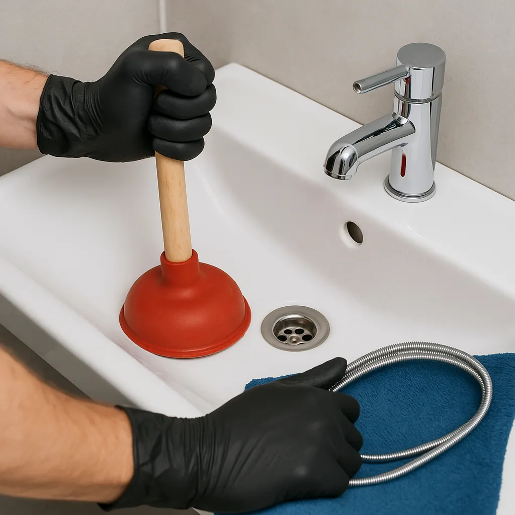 Loodgieter ontstopt wastafel met rode ontstopper en handschoenen