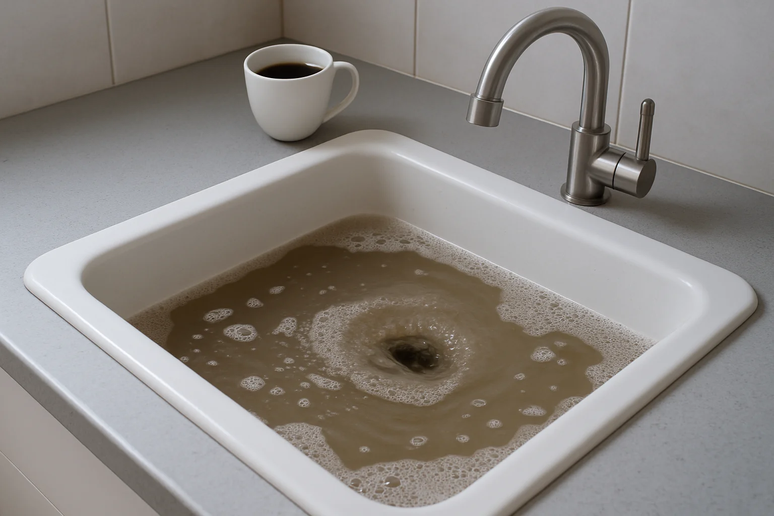 Witte keukenspoelbak met borrelend, troebel water en een rvs-kraan