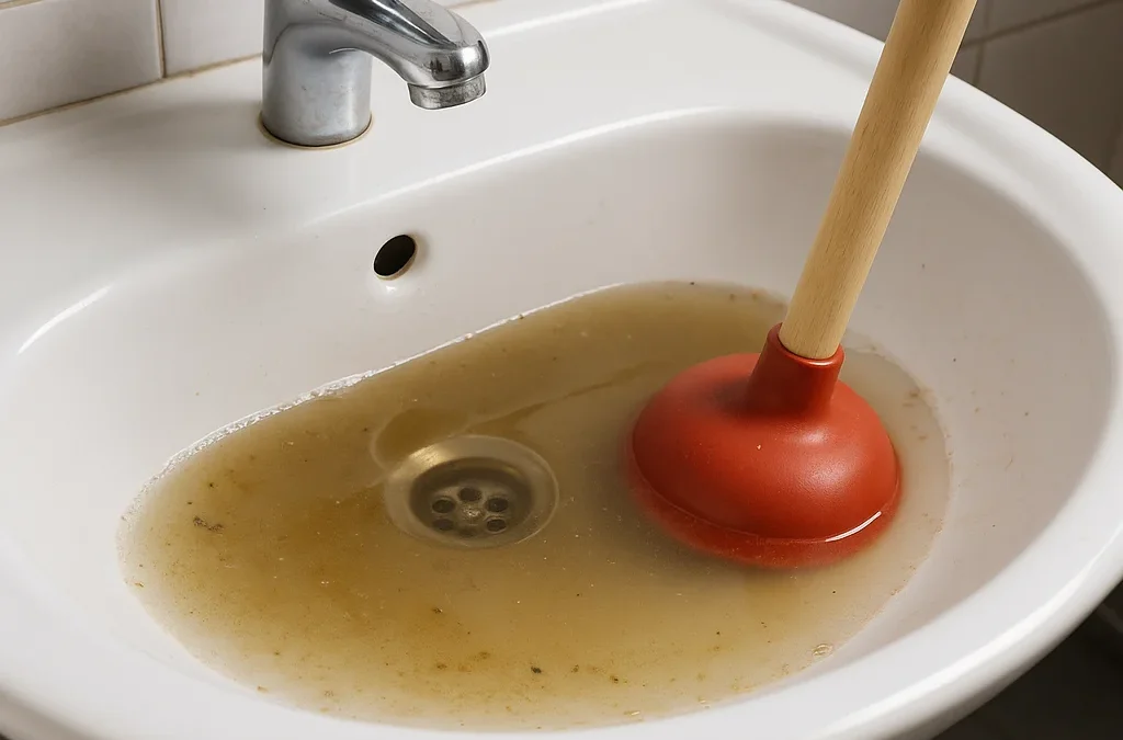 Verstopte witte wasbak met troebel stilstaand water en rode plopper