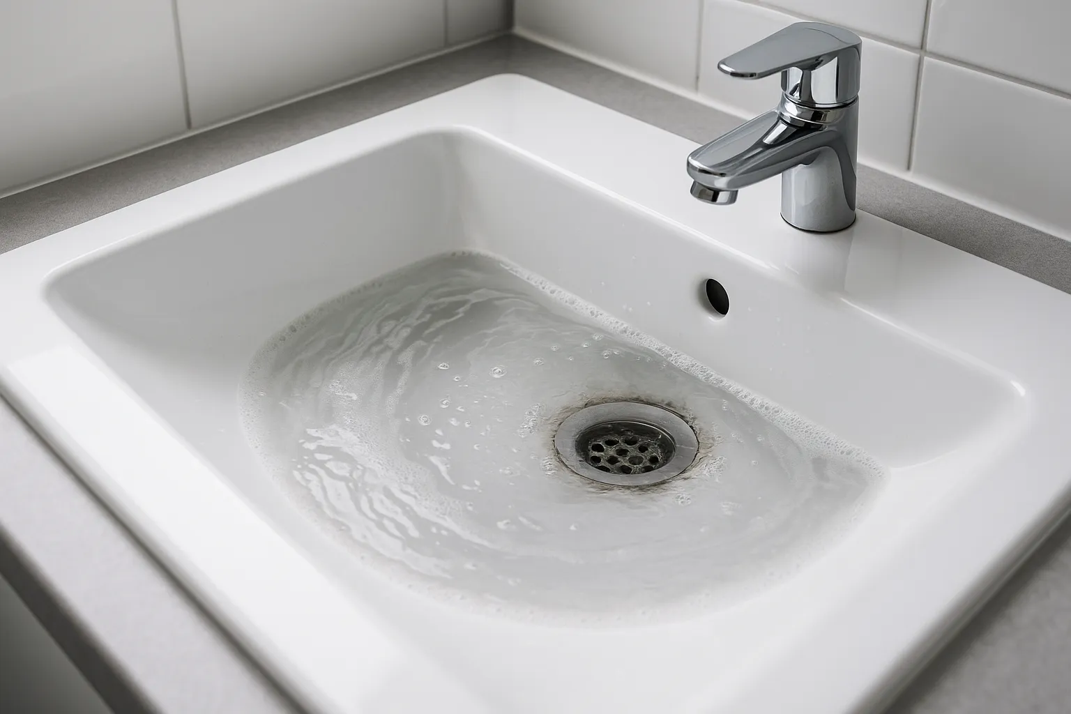 Verstopte witte wasbak met stilstaand water en licht schuim