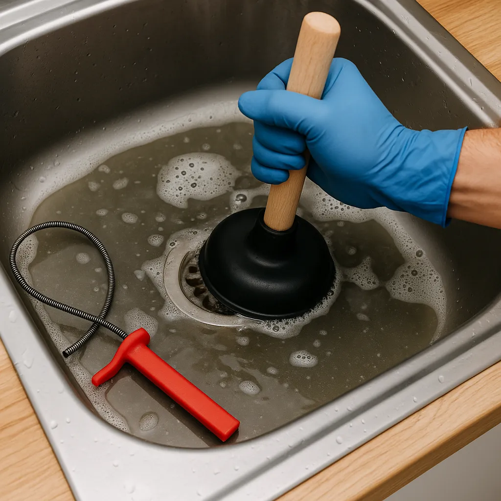 Close-up van een verstopte wasbak met troebel water, plopper en ontstoppingsveer in gebruik.