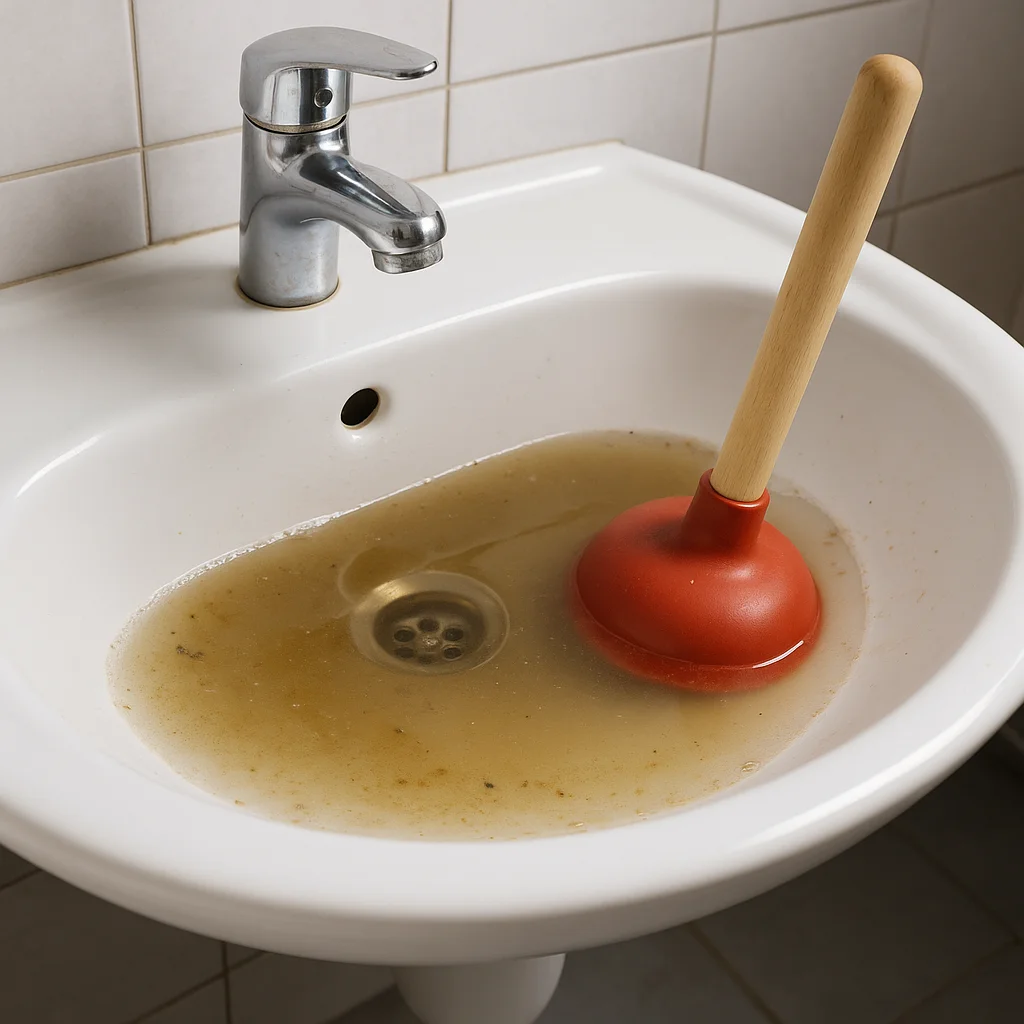Verstopte witte wasbak met troebel stilstaand water en rode plopper