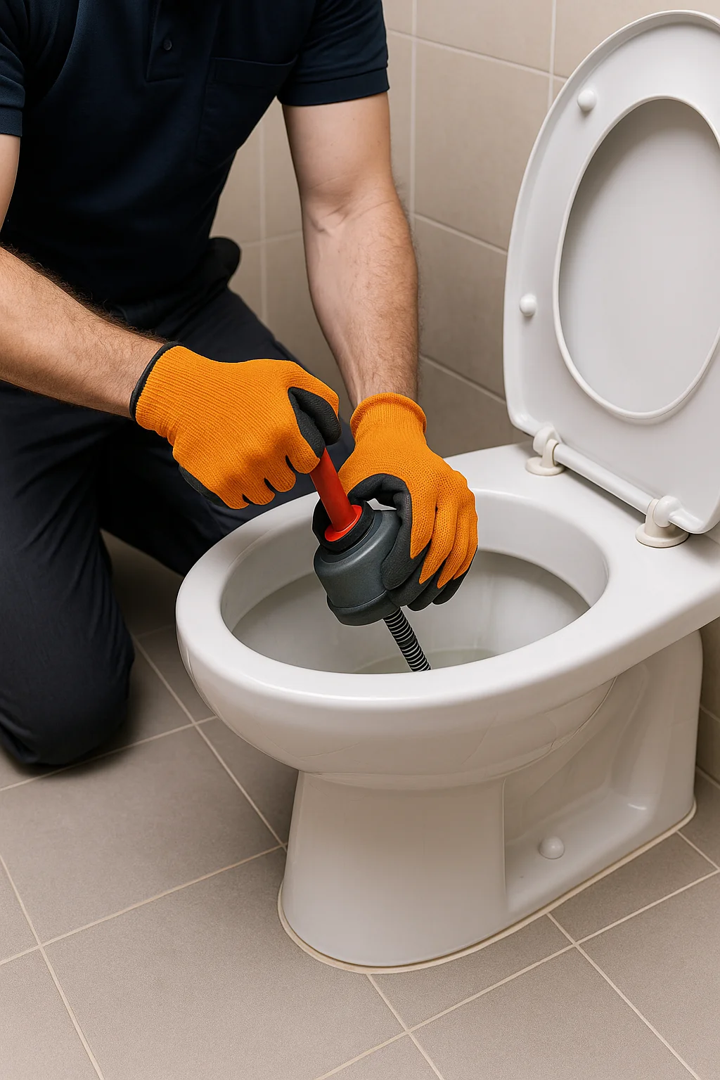 Loodgieter gebruikt ontstoppingsveer in toilet met rubber handschoenen