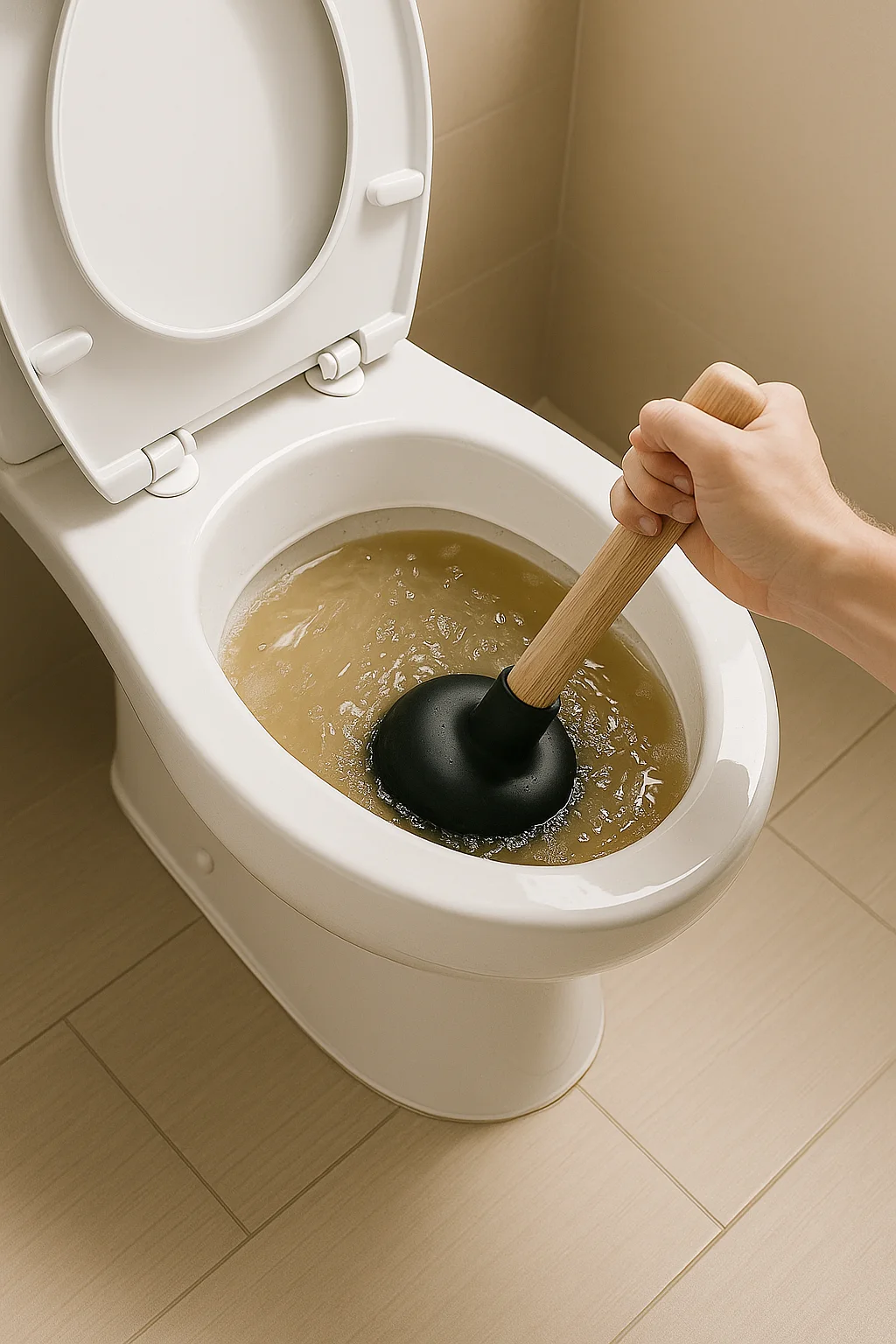 Hand gebruikt plopper in toilet met bruin troebel water.