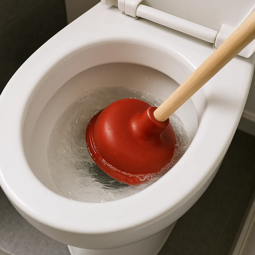 Rode wc ontstopper in gebruik in witte toiletpot met zichtbaar wateroppervlak.