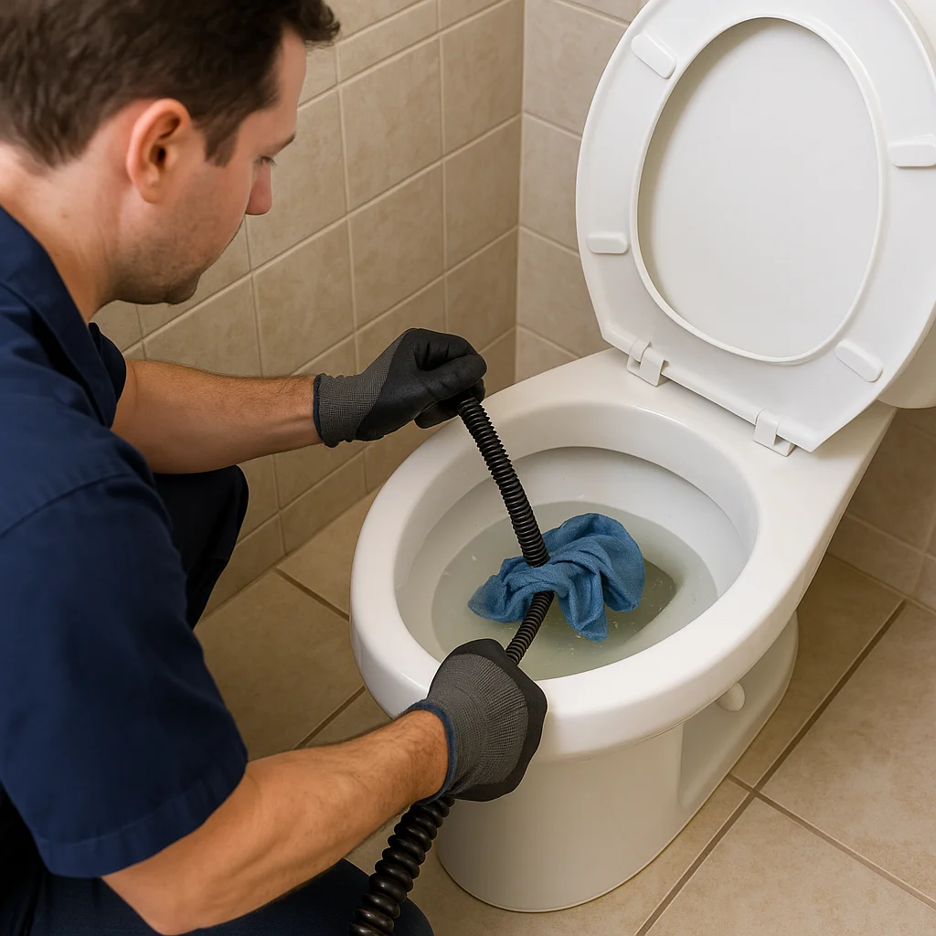 Loodgieter verwijdert doekje uit verstopt toilet met ontstoppingsveer