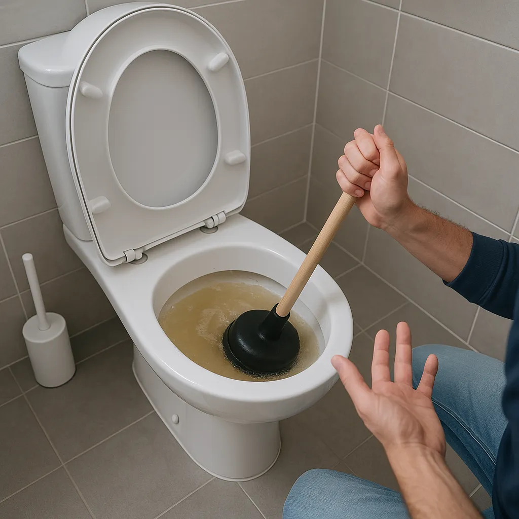 WC verstopt met hoog waterniveau en plopper in actie