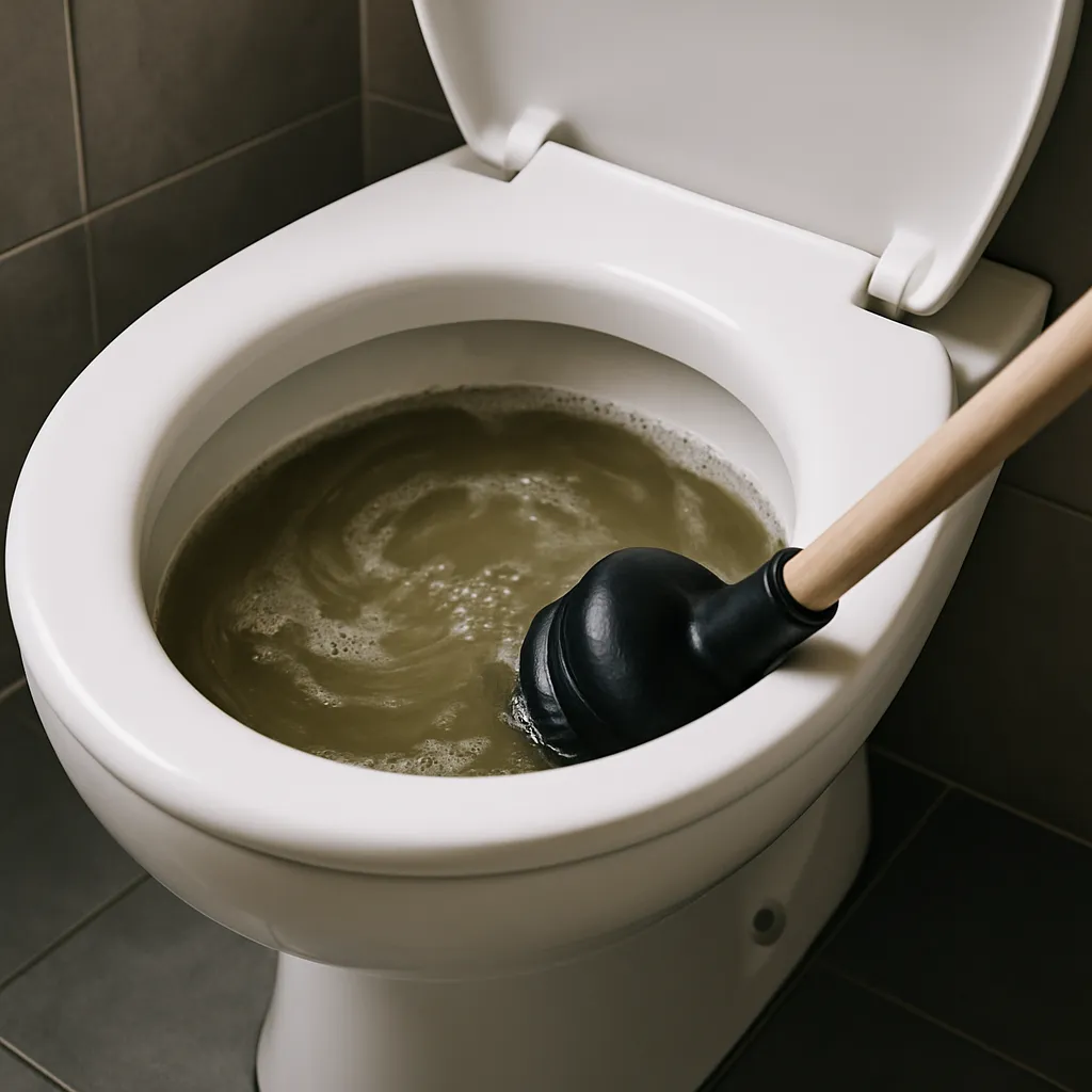 Close-up van een verstopt toilet met troebel water en een zwarte ontstopper