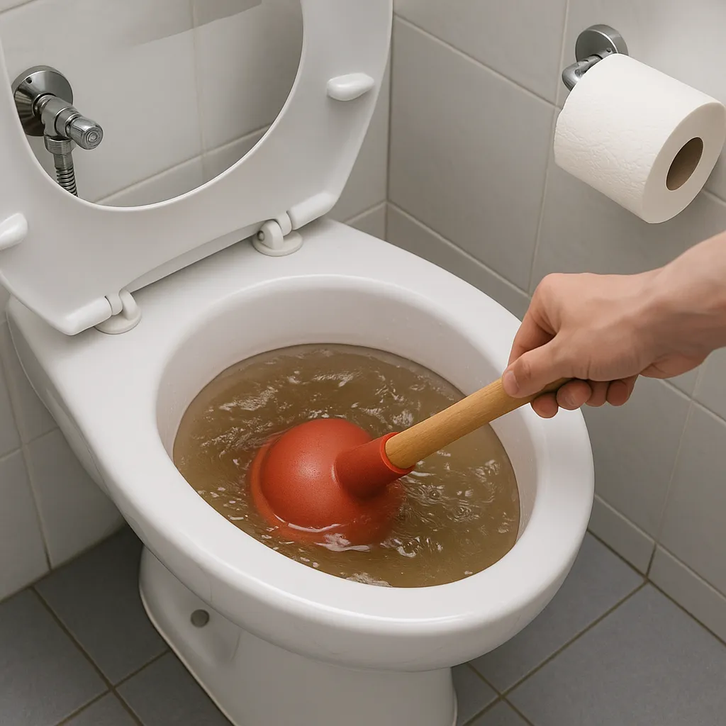 Witte wc-pot met troebel water en rode plopper in actie tijdens ontstoppingspoging.