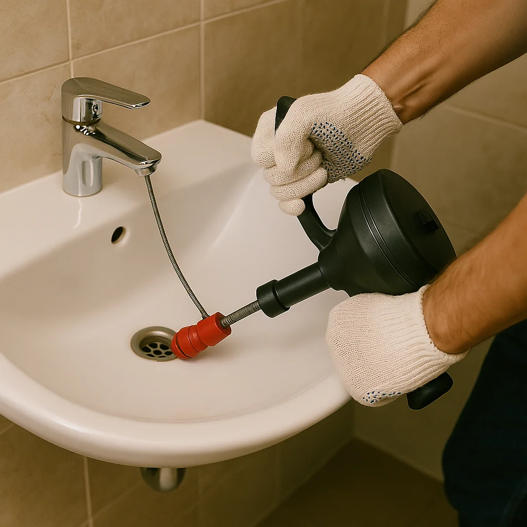 Monteur gebruikt een handmatige ontstoppingsveer om een wastafelafvoer te reinigen.