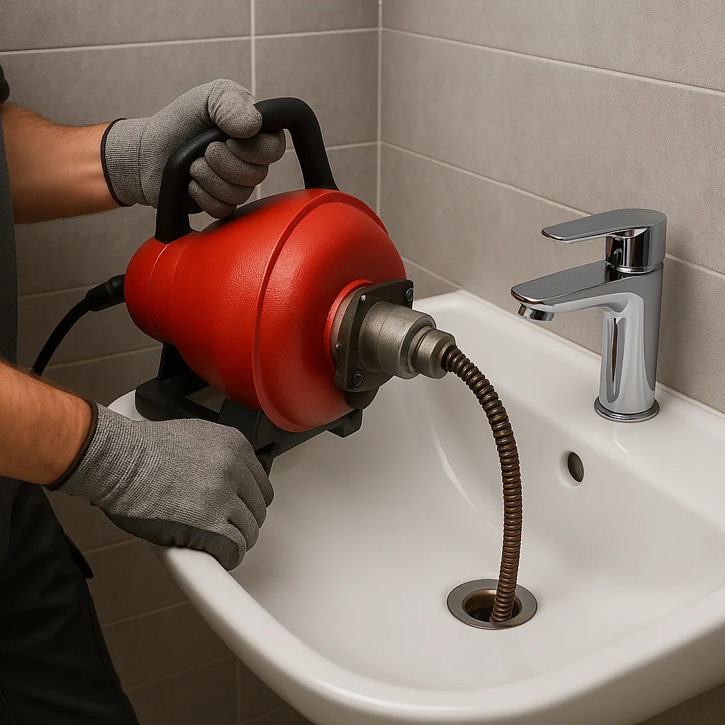 Monteur gebruikt professionele ontstoppingsmachine om afvoer te reinigen.