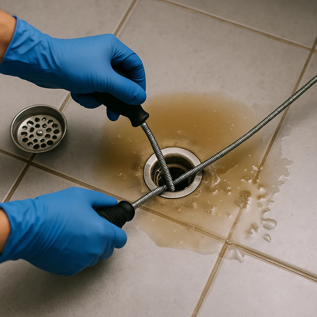 Handen met blauwe handschoenen gebruiken een flexibele ontstoppingsveer om een verstopte afvoer te reinigen.