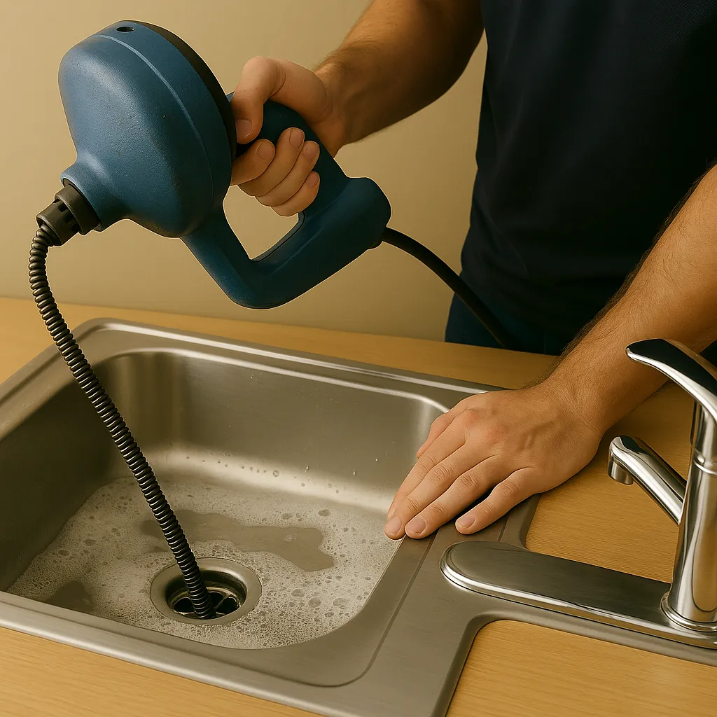 Ontstoppingsveer wordt gebruikt in gootsteen met stilstaand water