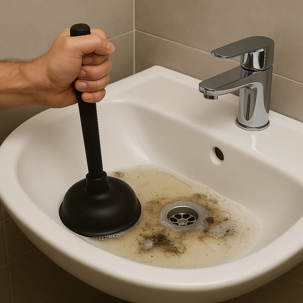 Hand gebruikt plopper om een verstopte wastafelafvoer met vuil water te ontstoppen.