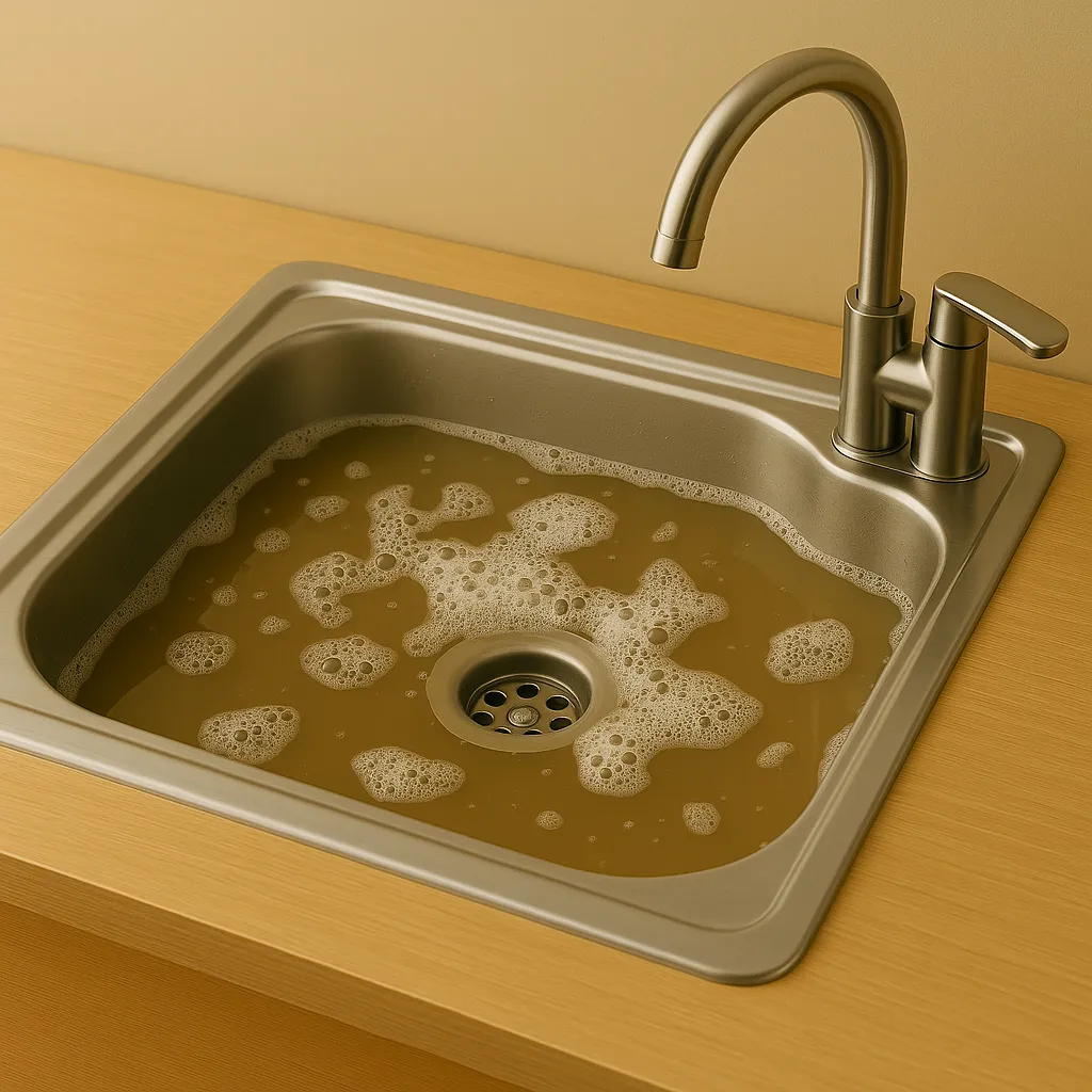 Gootsteen met stilstaand, bruin water en schuim door verstopte afvoer