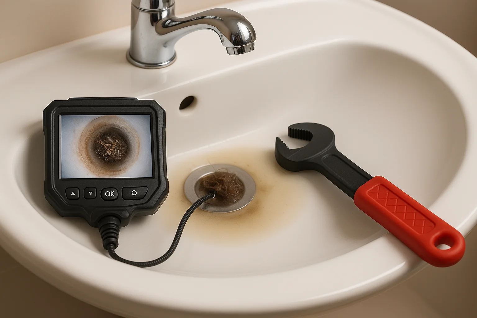 Close-up van een gootsteen met camera-inspectie, verstopt met haar en vuil.